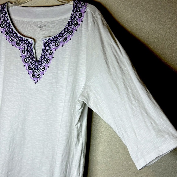Talbots Embroidered V Neck Top Size 3X Petite White 3/4 Sleeve Boho Cotton - Picture 6 of 17